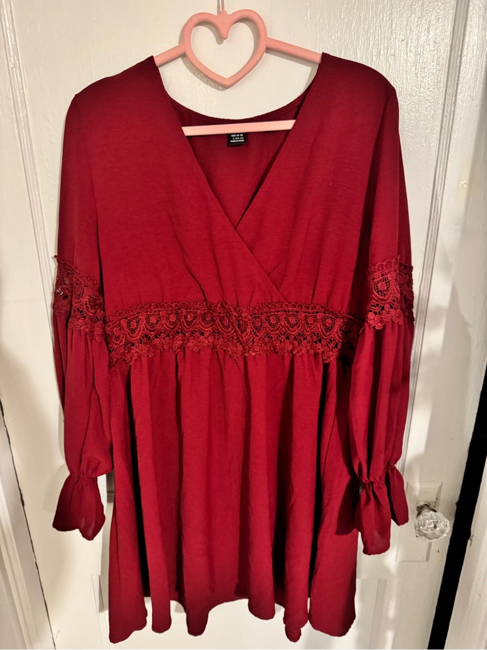 SHEIN Deep Red Lace-Trim Long Sleeve Dress